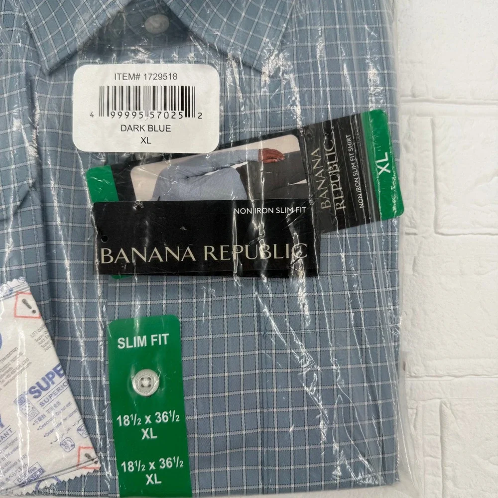Banana Republic Dress Shirt Mens XL Dark Blue Non-Iron Slim Fit Windowpane Check